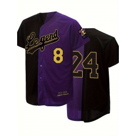 Men's Black & Purple #24 Baseball Jersey - Classic Letter Embroidery, Breathable Button-Up V-Neck, Loose Fit for Training, Competition & Casual Wear - All-Season Sportswear for Men & Teens