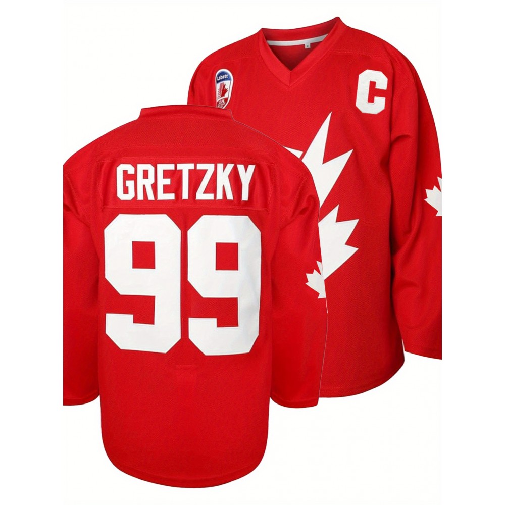 Men's Red #99 Maple Ice Hockey Sweatshirt - Breathable Loose Fit V-Neck with Gretzky Embroidered Design & Canadian Maple Leaf, Sporty Casual Streetwear for All Seasons, Machine Washable, Seasonal Attire, Embroidered Detailing