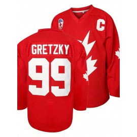 Men's Red #99 Maple Ice Hockey Sweatshirt - Breathable Loose Fit V-Neck with Gretzky Embroidered Design & Canadian Maple Leaf, Sporty Casual Streetwear for All Seasons, Machine Washable, Seasonal Attire, Embroidered Detailing