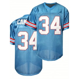 Men's Moon Blue #34 Embroidered American Football Jersey - Loose Fit Breathable V-Neck Rugby Top for Casual Streetwear, Sports & Outdoor Activities | All-Season Comfort, Machine Washable, Athletic Leisure Wear