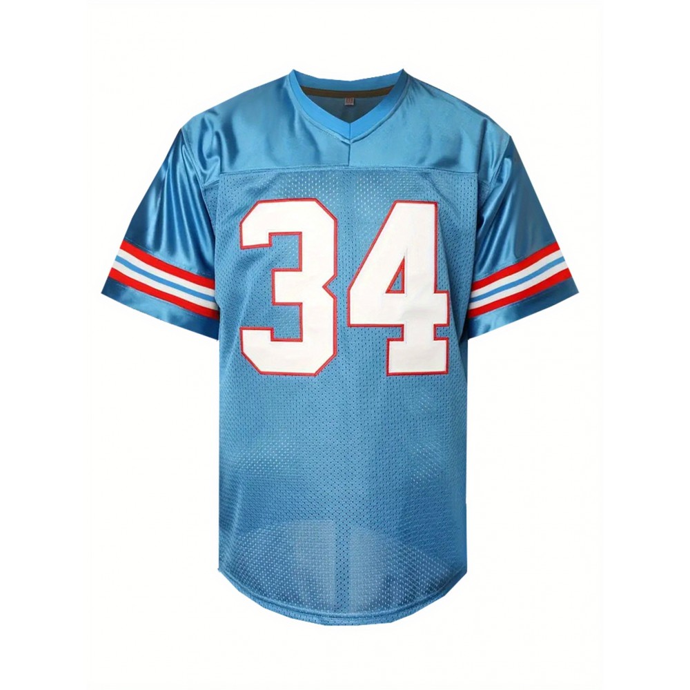 Men's Moon Blue #34 Embroidered American Football Jersey - Loose Fit Breathable V-Neck Rugby Top for Casual Streetwear, Sports & Outdoor Activities | All-Season Comfort, Machine Washable, Athletic Leisure Wear