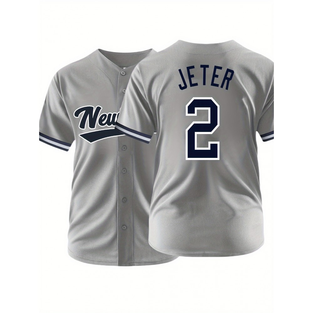 Men's Gray #2 Baseball Shirt - Breathable Button-Up V-Neck with Classic Letter Embroidery, Loose Fit for Training, Games & Casual Wear | All-Season Sportswear for Men & Teens