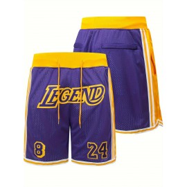 Men's Purple # 8-24 Basketball Shorts, Classic Letter Embroidery Design, Breathable Button Short Sleeve Shirt, Suitable for Training and Competition