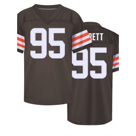 Men's Brown #95 Breathable Rugby Jersey - Embroidered American Football V-Neck Short Sleeve Shirt, Loose Fit All-Season Training & Casual Wear with Lettering Details, Machine Washable Sportswear for Men & Youths, Durable Sportswear