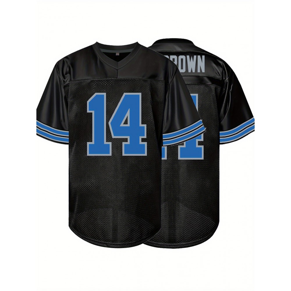 Men's Black #14 Embroidered American Football Jersey - Loose Fit Breathable V-Neck Rugby Top with Blue & White Stripes, All-Season Casual Streetwear for Sports & Outdoor Activities, Athletic Leisure Wear