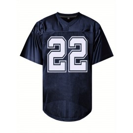 Men's Deep Blue # 22 Breathable Rugby Shirt, Sports V-neck Short Sleeve Training Match Uniform, Embroidered American Football Shirt
