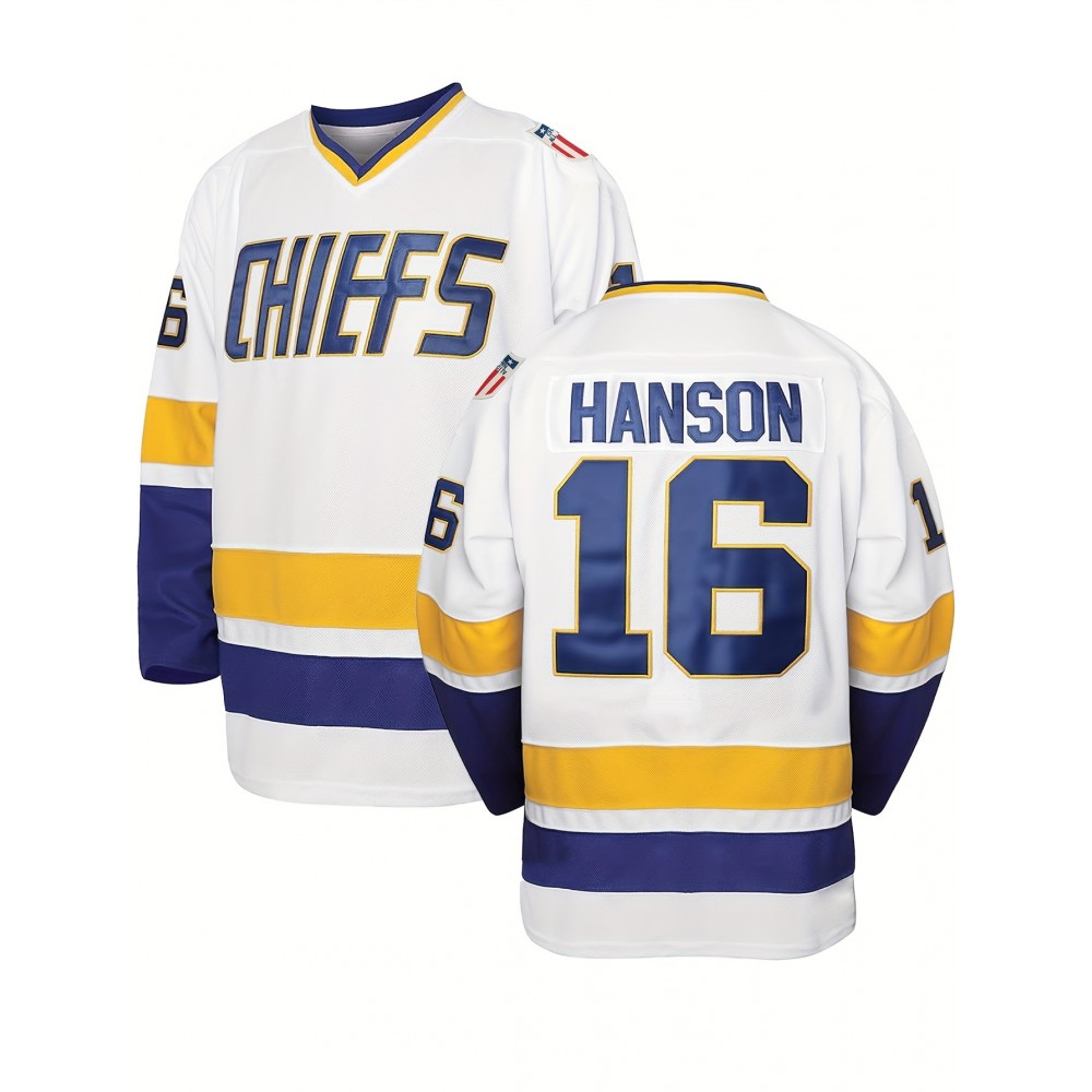 Men's White #16 Ice Hockey Sweatshirt - Loose Fit V-Neck Long Sleeve with Embroidered Lettering, Breathable Sporty Casual Streetwear for All-Season Outdoor Activities & Training, Sports Fan Apparel | Durable Sportswear