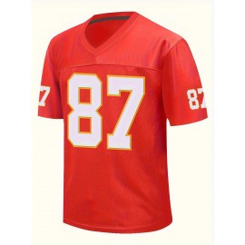 Men'S Red # 87 Breathable Rugby Shirt, Sports V-neck Short Sleeve Training Match Uniform, Embroidered American Football Shirt