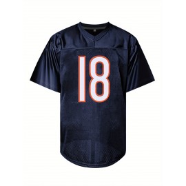 Men's Navy Blue #18 Breathable American Football Jersey - V-Neck Short Sleeve Embroidered Rugby Shirt, Loose Fit All-Season Training & Casual Wear, Machine Washable Sportswear
