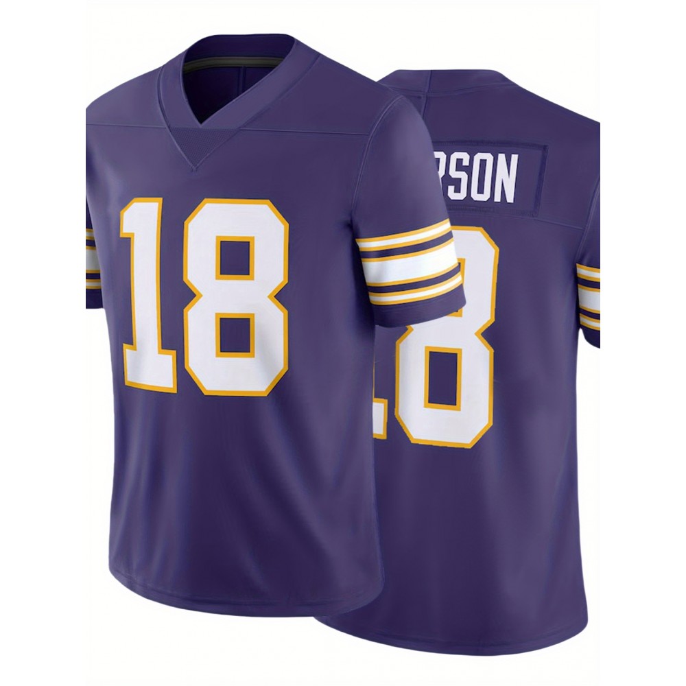 Men's Purple #18 American Football Jersey - Breathable Loose Fit V-Neck with Embroidered Letter Design, All-Season Casual Streetwear for Sports & Outdoor Activities, Comfortable Fit