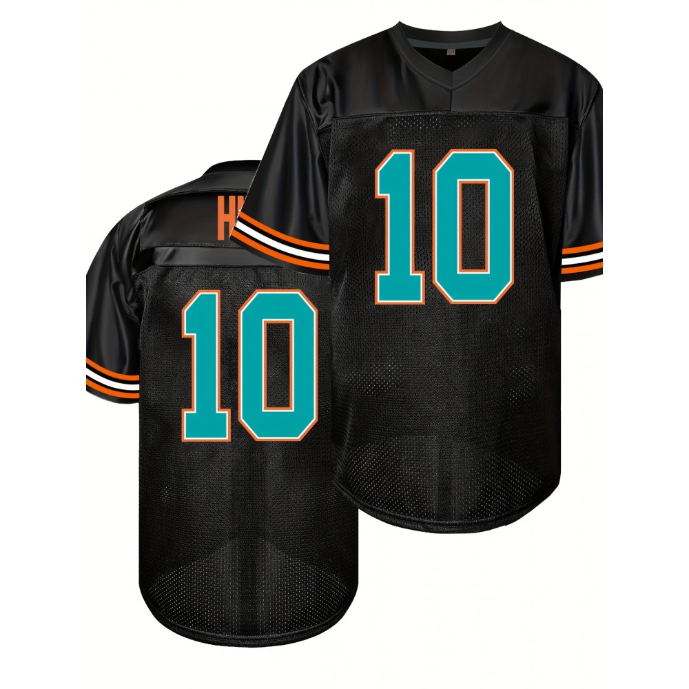 Men's #10 Black American Football Jersey with Teal Accents - Breathable,, Casual V-Neck Sports Uniform for Everyday and Game Day Wear, SHLUCKI