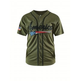 Men's #1 Army Green Baseball Jersey, Breathable Polyester, V-Neck with Button-Up Closure - Sporty & Casual Style for Everyday, Parties, Training & Streetwear