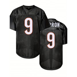 Men's Black # 9 Breathable Rugby Jersey, Sports V-neck Short Sleeved Uniform For Training And Matches, Embroidered American Football Shirt