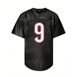 Men's Black # 9 Breathable Rugby Jersey, Sports V-neck Short Sleeved Uniform For Training And Matches, Embroidered American Football Shirt