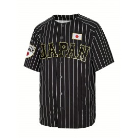 Men'S Black Striped Size 16 # Baseball Shirt, Classic Letter Embroidery Design, Button Style Short Sleeved Breathable Shirt, For Training And Competition Use