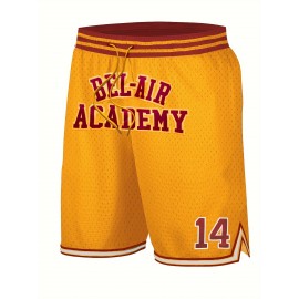 Men's Yellow #14 Baseball Shorts with BEL-AIR ACADEMY Embroidery - Breathable Athletic Shorts, Loose Fit for Training, Competition & Casual Wear - Machine Washable Sportswear for Men & Teens, Adjustable Elastic Waistband