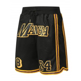 Men's Classic Breathable Basketball Shorts - Black, Embroidered Letter Design, Button Style, Short Sleeved, Training and Competition Ready