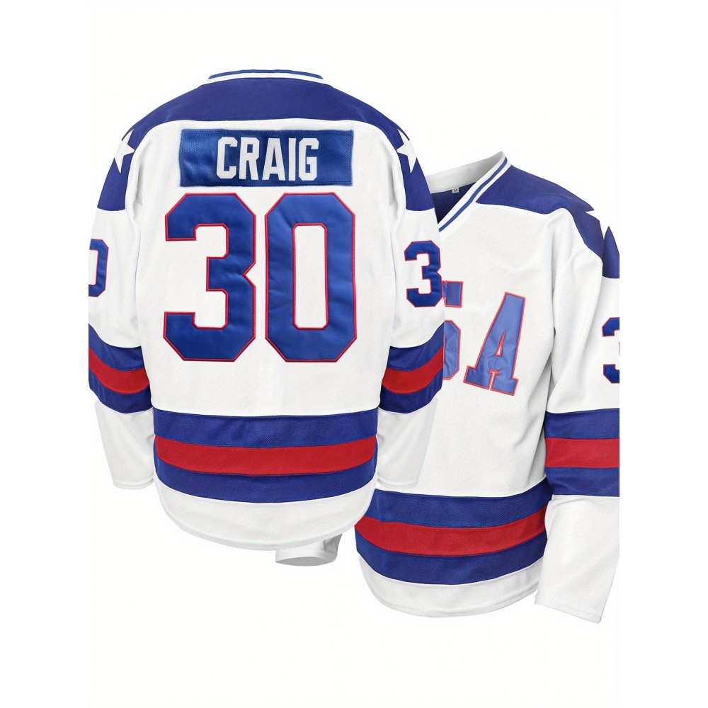 Men's White #30 Ice Hockey Jersey with Embroidered Craig 30 & USA 34 Design - Loose Fit Breathable Polyester, V-Neck Long Sleeve for Sports, Casual Streetwear & Outdoor Activities