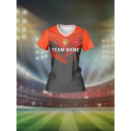 Customizable Women's V-Neck Football Jersey - Personalized Name & Number, Breathable Polyester, Orange & Gray Retro Design for Team Sports, Training, and Casual Wear