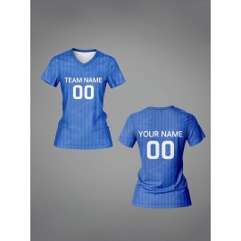 [Women's Soccer Jersey] Customized Women's V-Neck Soccer Jersey - Personalized Team Training Sports Shirt, Comfortable, Breathable, Quick-Dry for Fitness & Casual Wear, Blue with White & Yellow Graphics, Spring/Summer/Fall