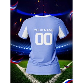 Customized Name & Number Women's V-Neck Football Jersey - Breathable Quick-Dry Moisture-Wicking Light Blue/White Stripes Team Training Fitness Casual Sports Top for Spring Summer Fall, Personalized Football Jersey, Comfortable Fit
