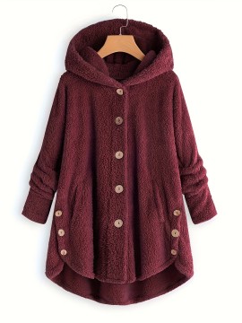 Button Front Teddy Bear Hoodie, Casual Long Sleeve Slant Pockets Plush Coat, Women's Clothing